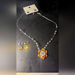 lotus flower shape w/ Aurora Borealis Austrian Crystals  Choker W Heart Earrings